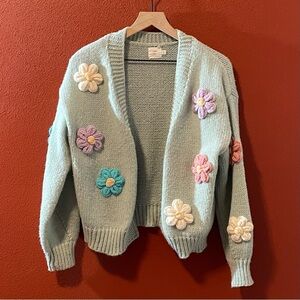 Luna Ivy Women’s Knitted Puff Crotchet Floral‎ Pistachio Open Front Cardigan